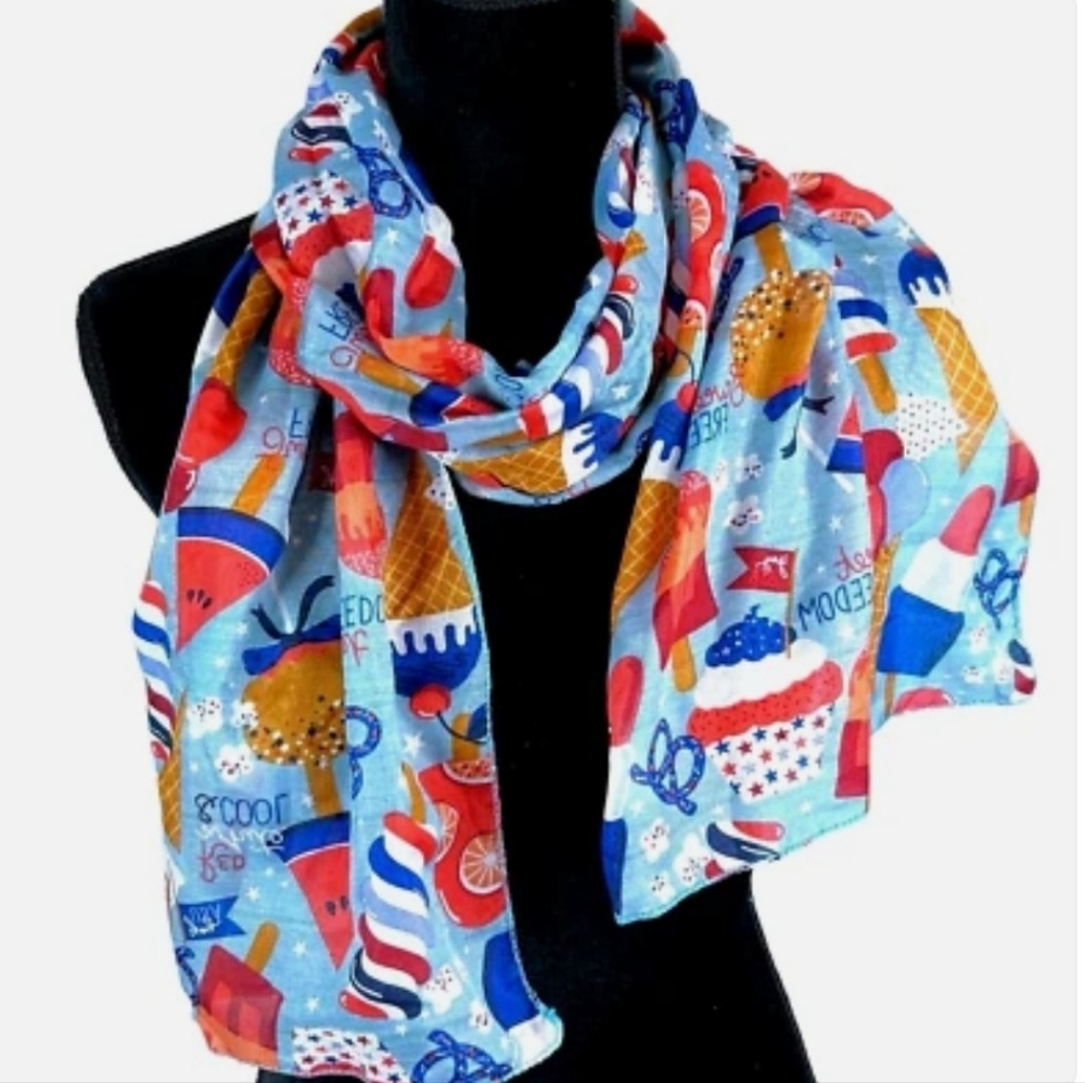 Patriotic Red White & Blue Colorful Lightweight Patterned Scarf New With Tags - Picture 2 of 7